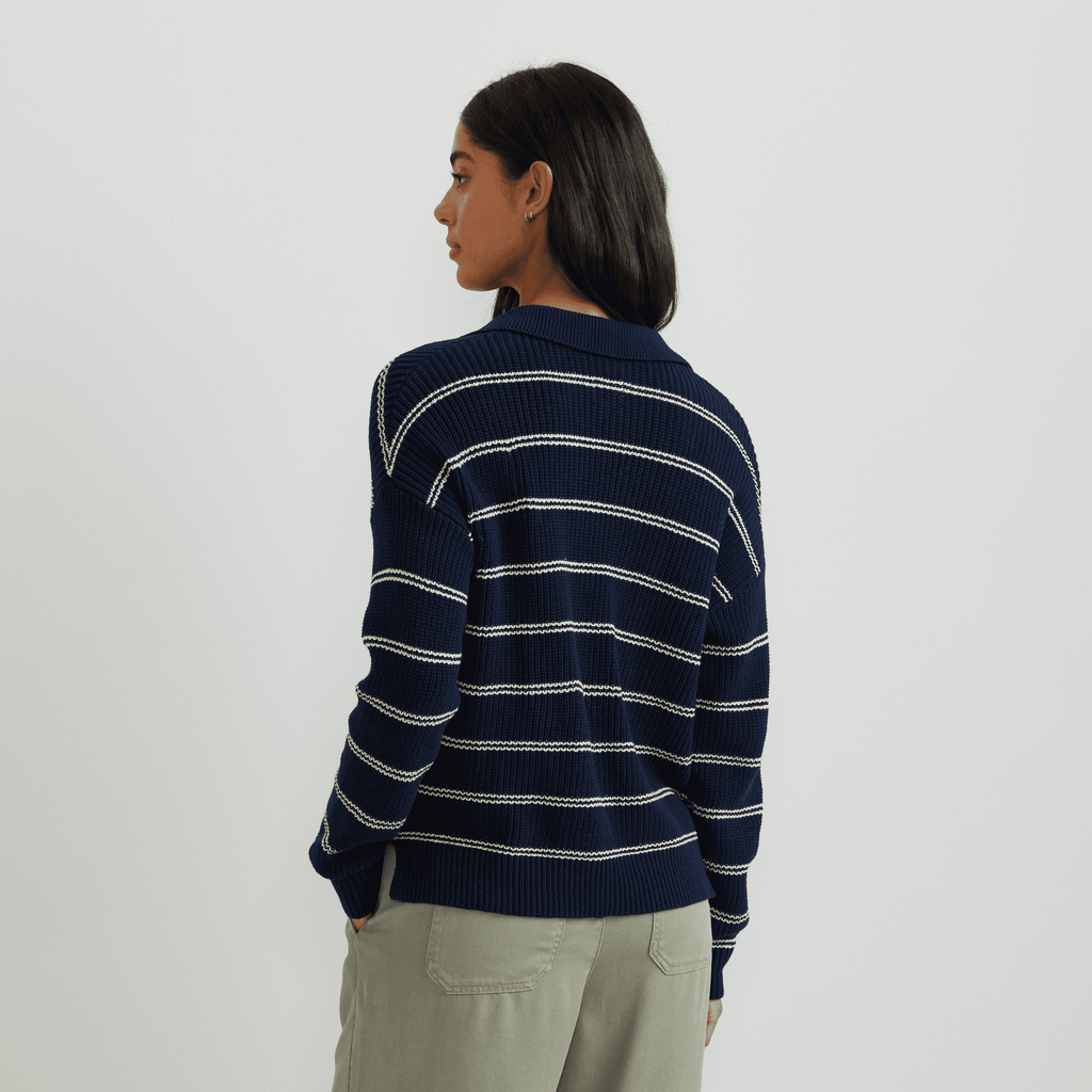 Women's Johnny Collar Striped Sweater