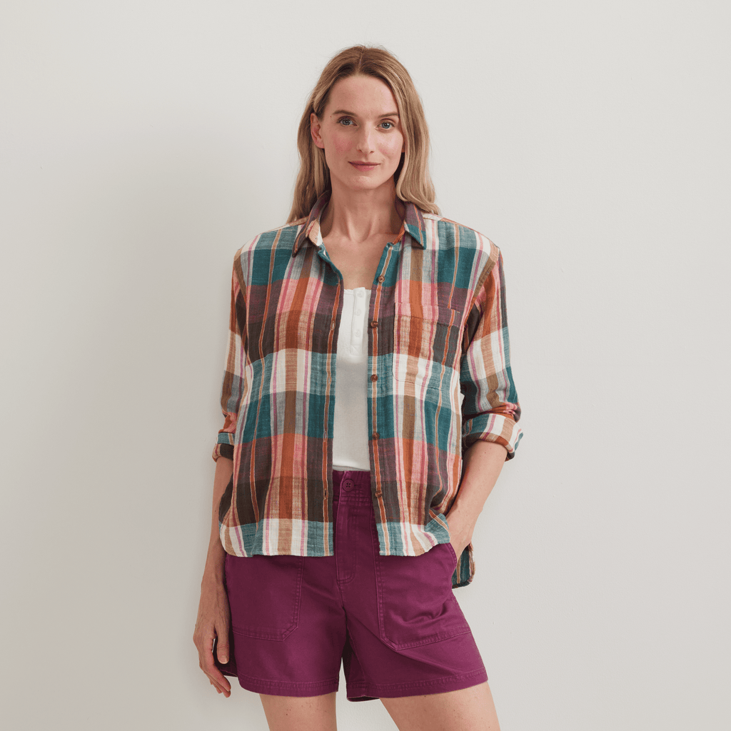 Women's Cotton Slub Plaid Long-Sleeve Shirt