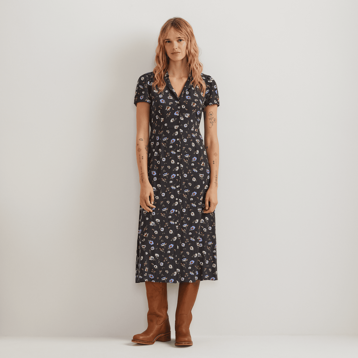 Women's Camp Collar Short-Sleeve Midi Dress