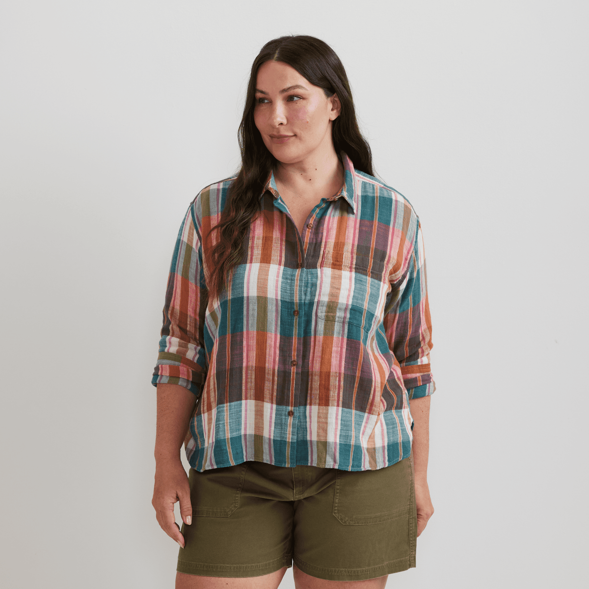 Women's Cotton Slub Plaid Long-Sleeve Shirt