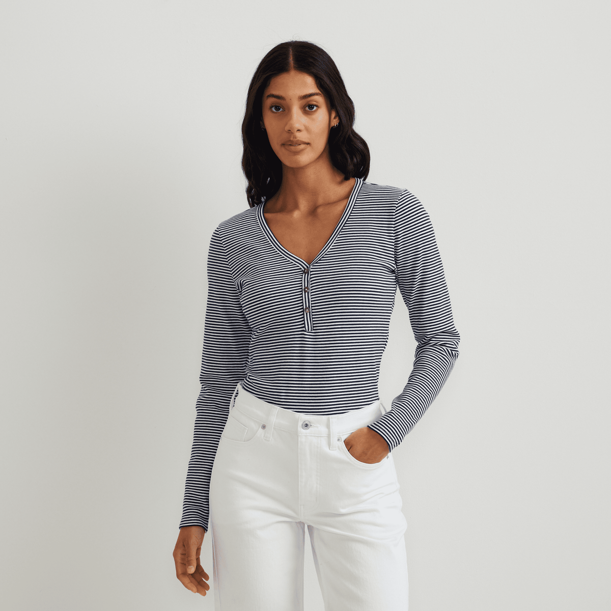 Women's Long-Sleeve Ribbed Henley T-Shirt – Stripe