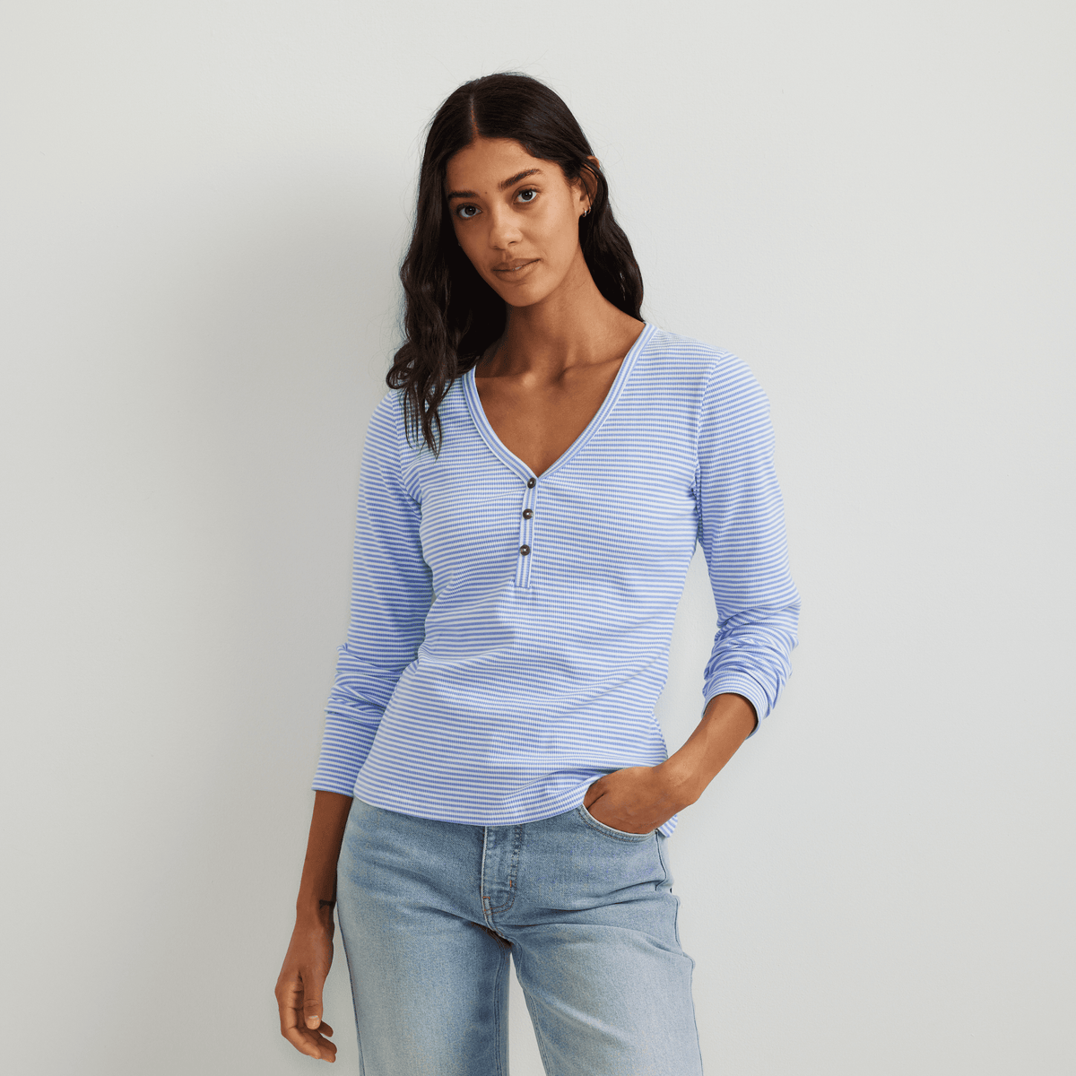 Women's Long-Sleeve Ribbed Henley T-Shirt – Stripe