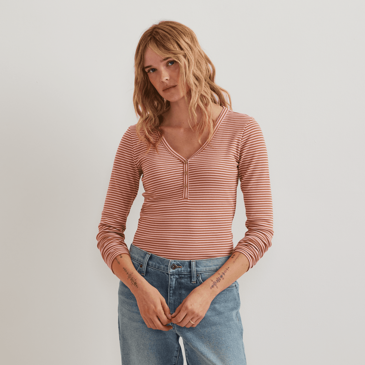 Women's Long-Sleeve Ribbed Henley T-Shirt – Stripe